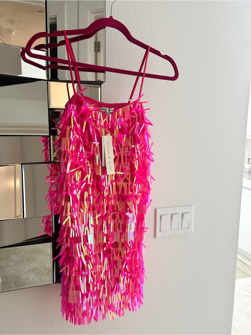 Allison & Kelly Sequin Fringe Mini Dress in Hot Pink